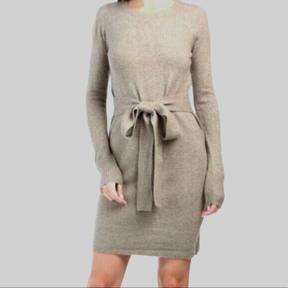 Ann Taylor Gray Beige Wool Blend Long Sleeve Old Money Belted Dress Size S